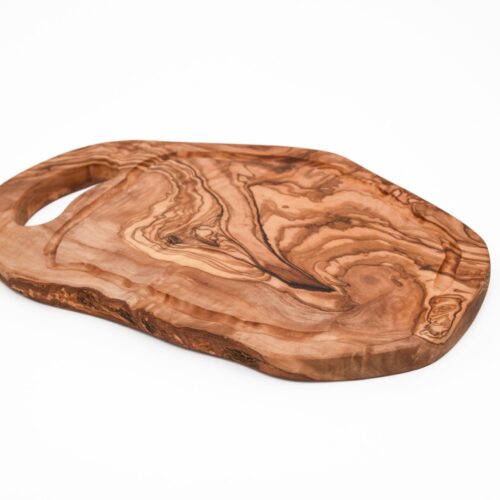 Olive Wood Cutting Board with Live Edge, Handle, and Groove