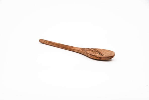 olive wood spoon with a rounded handle and oval head